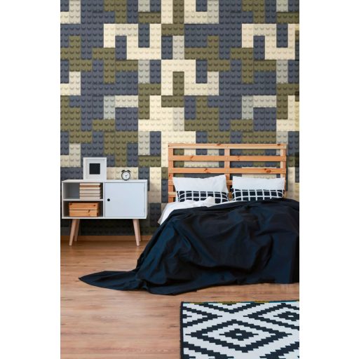 Te másképp raknád ki? Fejben lejétszhatod! Építőkockák geometriai mintázata fehér khakizöld és kék tónus Ifjúsági falpanel