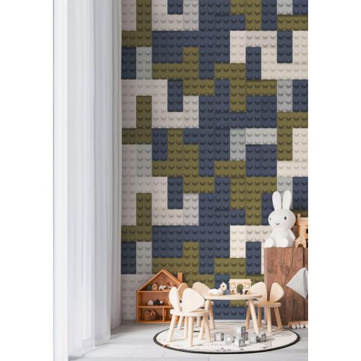 Te másképp raknád ki? Fejben lejétszhatod! Építőkockák geometriai mintázata fehér khakizöld és kék tónus Ifjúsági falpanel