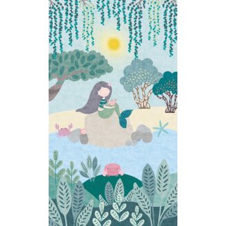   Szimbiózisban a vízi élővilággal - Rákokkal "kacérkodó" hableány/sellő vízkék napsárga zöld és sokszínű tónus gyerekszobai falpanel