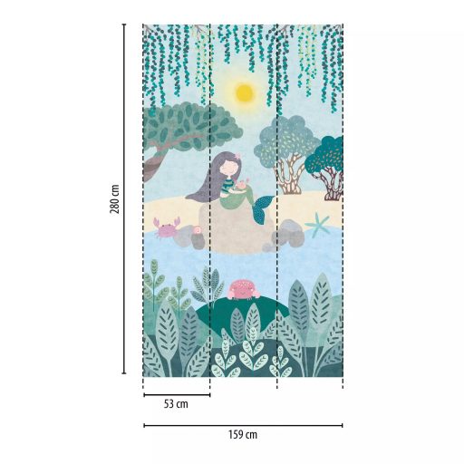 Szimbiózisban a vízi élővilággal - Rákokkal "kacérkodó" hableány/sellő vízkék napsárga zöld és sokszínű tónus gyerekszobai falpanel