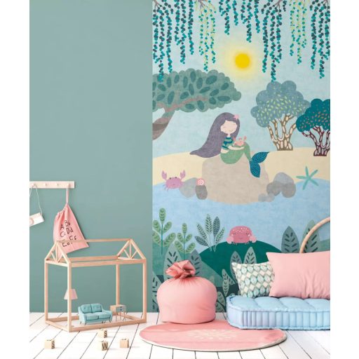 Szimbiózisban a vízi élővilággal - Rákokkal "kacérkodó" hableány/sellő vízkék napsárga zöld és sokszínű tónus gyerekszobai falpanel