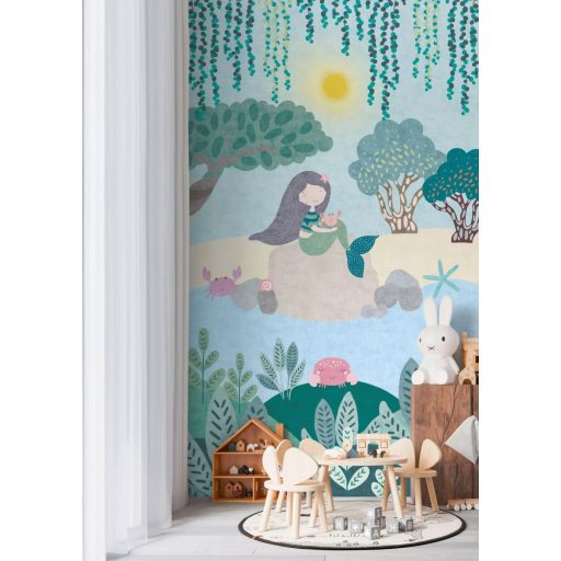 Szimbiózisban a vízi élővilággal - Rákokkal "kacérkodó" hableány/sellő vízkék napsárga zöld és sokszínű tónus gyerekszobai falpanel