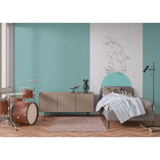 A Gördeszkás fiú nagy mutatványa! Grafikus kompozíció világosszürke szürke és türkiz tónus Ifjúsági falpanel