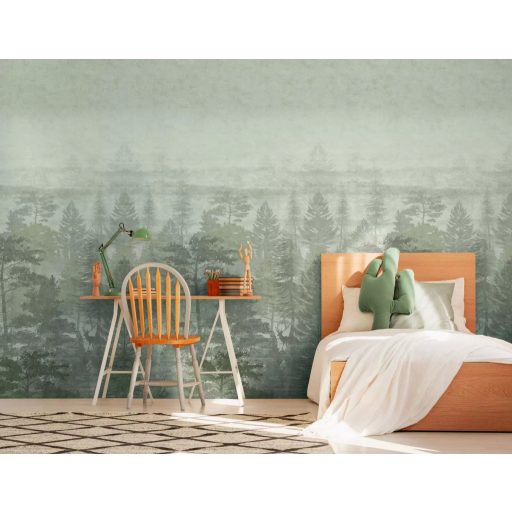 Zöld erdőben jártam kék ibolyát nem láttam viszont ezzel dekoráltam ködös erdei kompozíció zöld és szürkészöld tónus Ifjúsági falpanel