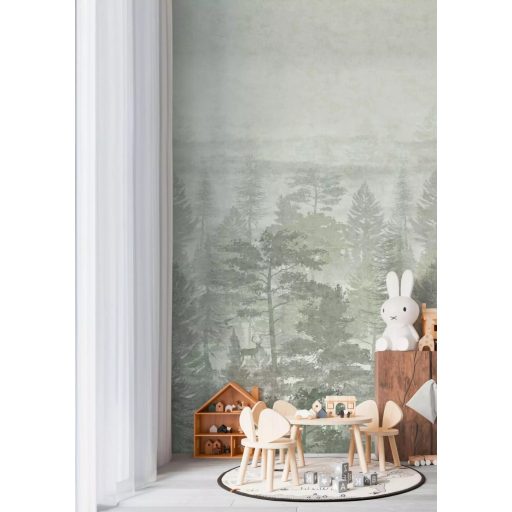 Zöld erdőben jártam kék ibolyát nem láttam viszont ezzel dekoráltam ködös erdei kompozíció zöld és szürkészöld tónus Ifjúsági falpanel