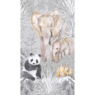   Valószínűtlen találkozás de a mesében minden lehet - elefánt és szurikáta együtt a pandával bézs szürke fekete fehér és sárga falpanel