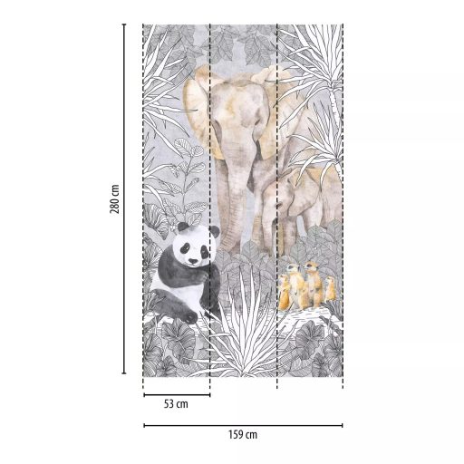 Valószínűtlen találkozás de a mesében minden lehet - elefánt és szurikáta együtt a pandával bézs szürke fekete fehér és sárga falpanel