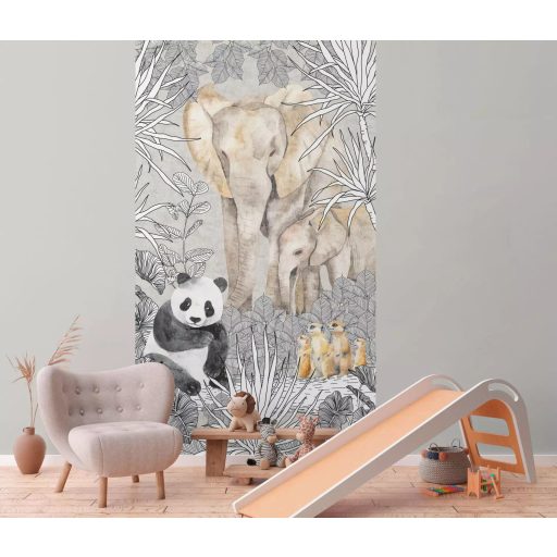 Valószínűtlen találkozás de a mesében minden lehet - elefánt és szurikáta együtt a pandával bézs szürke fekete fehér és sárga falpanel