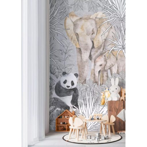 Valószínűtlen találkozás de a mesében minden lehet - elefánt és szurikáta együtt a pandával bézs szürke fekete fehér és sárga falpanel