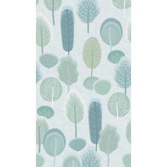   Művészeti nevelés már gyerekkorban! Naív stilizált változatos fa és bokor megjelenítés törtfehér kék és zöld tónus gyerekszobai falpanel