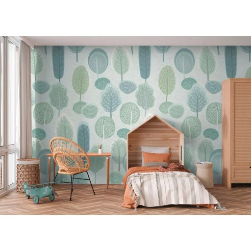 Művészeti nevelés már gyerekkorban! Naív stilizált változatos fa és bokor megjelenítés törtfehér kék és zöld tónus gyerekszobai falpanel