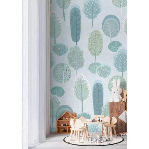 Művészeti nevelés már gyerekkorban! Naív stilizált változatos fa és bokor megjelenítés törtfehér kék és zöld tónus gyerekszobai falpanel