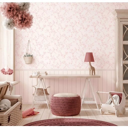 Filigrán ágakon finom levelek és virágok terítik be a falat - Ifjúkori romantikus álom krém és rózsaszín tónus gyerekszobai falpanel