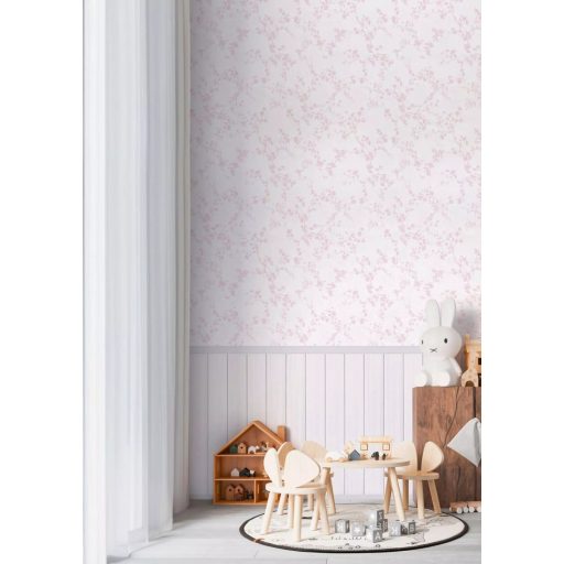 Filigrán ágakon finom levelek és virágok terítik be a falat - Ifjúkori romantikus álom krém és rózsaszín tónus gyerekszobai falpanel