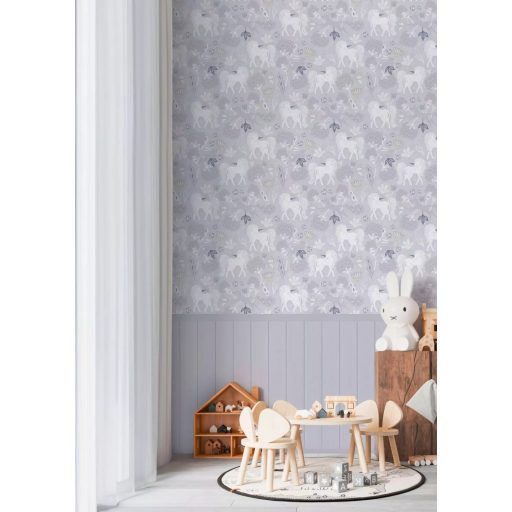 Unikornisból sosem elég egy! Levél és virágmezőbe helyezett "egyszarvúak" szürke lila szürkéslila és fehér tónus gyerekszobai falpanel