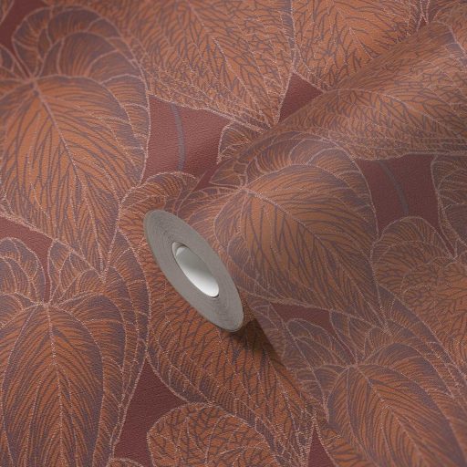 Fémesen kontúrozott és erezett egymásra épülő dekoratív levélfantázia vörös/vörösesbarna narancs és lila tónus fémes hatás tapéta