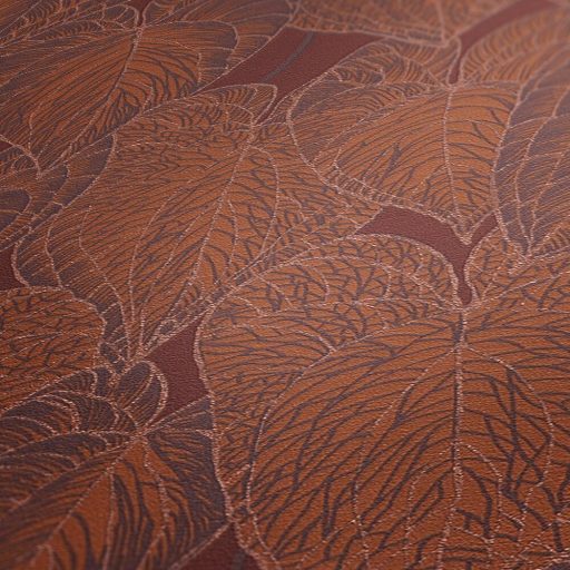 Fémesen kontúrozott és erezett egymásra épülő dekoratív levélfantázia vörös/vörösesbarna narancs és lila tónus fémes hatás tapéta