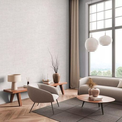 Selyemszálak szövésére emlékeztető vízszintes vonalazású texturált minta krémfehér krém és bézs tónus finom fény tapéta