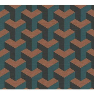   Modern geometrikus háromdimenziós minta türkiz petrol zöld és réz/bronz tónus tapéta