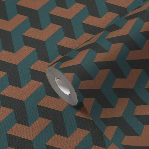 Modern geometrikus háromdimenziós minta türkiz petrol zöld és réz/bronz tónus tapéta