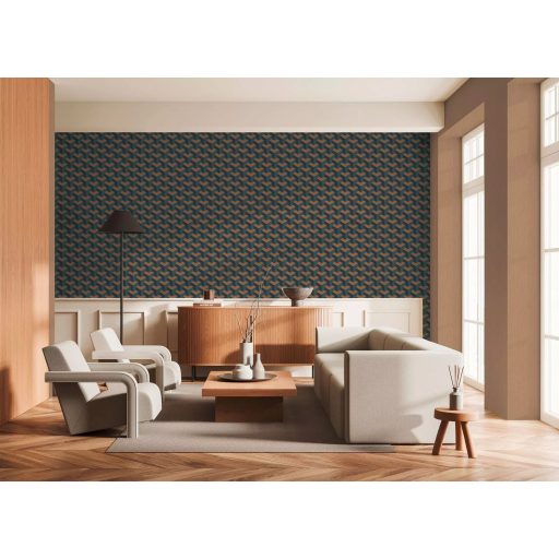 Modern geometrikus háromdimenziós minta türkiz petrol zöld és réz/bronz tónus tapéta