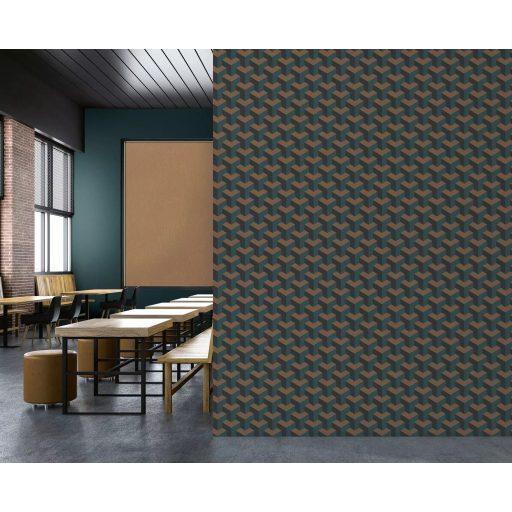 Modern geometrikus háromdimenziós minta türkiz petrol zöld és réz/bronz tónus tapéta