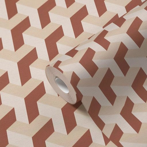 Modern geometrikus háromdimenziós minta bézs terrakotta és krémszín tónus tapéta