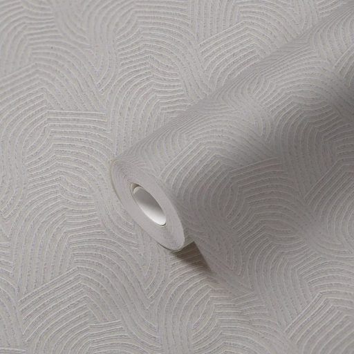 Íves hullámos vonalak alkotta art deco ihletésű minta világosszürke és ezüstös gyöngyház tónus finom fény tapéta