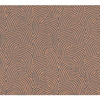   Íves hullámos vonalak alkotta art deco ihletésű minta narancs/terrakotta és antracit tónus finom fény tapéta