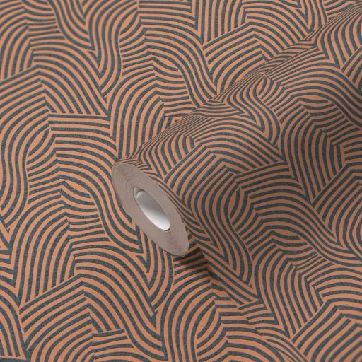 Íves hullámos vonalak alkotta art deco ihletésű minta narancs/terrakotta és antracit tónus finom fény tapéta