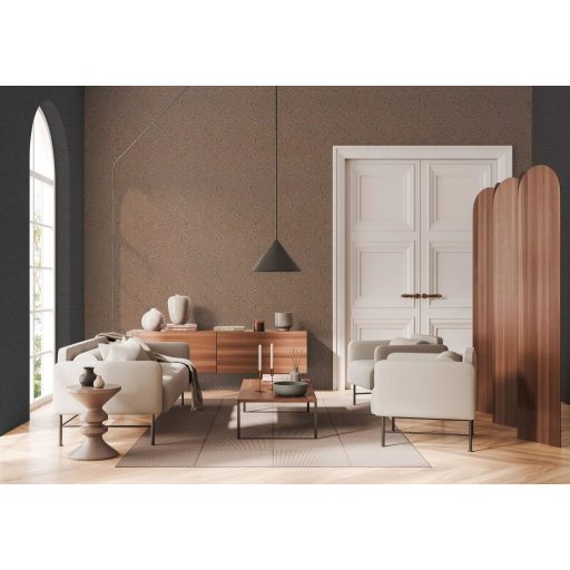 Íves hullámos vonalak alkotta art deco ihletésű minta narancs/terrakotta és antracit tónus finom fény tapéta