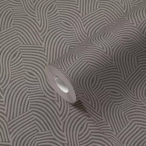 Íves hullámos vonalak alkotta art deco ihletésű minta szürke és sötét szürkésbarna tónus finom fény tapéta