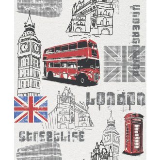   Rasch Kidsclub/Make a Change 781908 London fehér szürke kék piros fekete tapéta