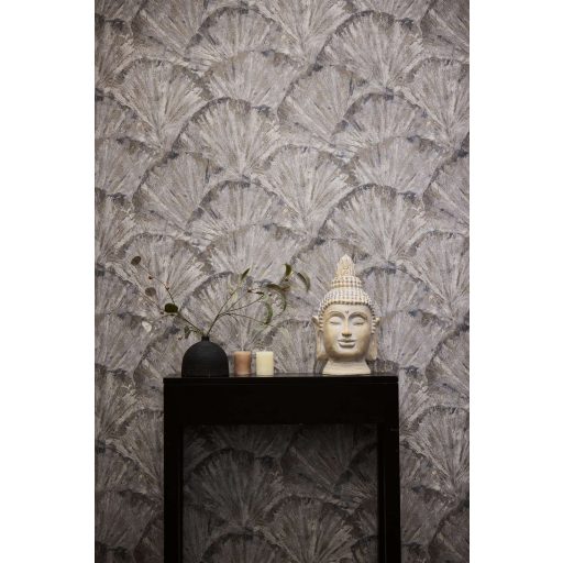 Drámai mégis meditatív art deco ihletésű legyező motívum bézs szürke barna krém és ezüstszürke tónus fémes hatás tapéta