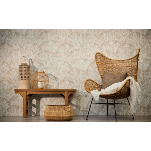 Drámai mégis meditatív art deco ihletésű legyező motívum krém pezsgőszín bézs barna és bézsarany tónus fémes hatás tapéta