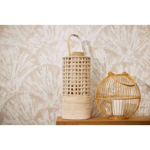 Drámai mégis meditatív art deco ihletésű legyező motívum krém pezsgőszín bézs barna és bézsarany tónus fémes hatás tapéta