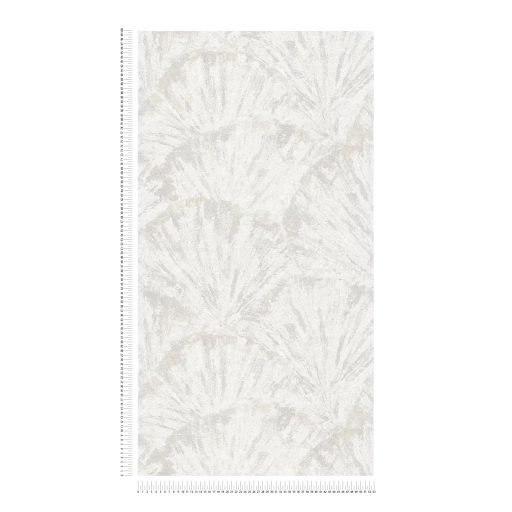 Drámai mégis meditatív art deco ihletésű legyező motívum fehér krém szürke és ezüstszürke tónus fémes hatás tapéta