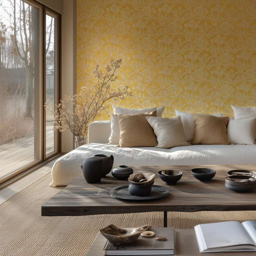 Drámai mégis meditatív art deco ihletésű legyező motívum bézs krém és arany/aranysárga tónus fémes hatás tapéta