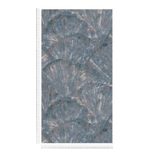 Drámai mégis meditatív art deco ihletésű legyező motívum mélykék szürkésbarna agyagszürke és ezüstszürke tónus fémes hatás tapéta