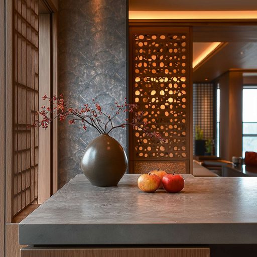 Drámai mégis meditatív art deco ihletésű legyező motívum mélykék szürkésbarna agyagszürke és ezüstszürke tónus fémes hatás tapéta