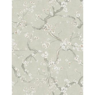   A Japandi stílus csúcsa! Varázslatos japán cseresznyevirágzás halvány szürkészöld fehér szürke és rózsaszín tónus fémes hatás tapéta