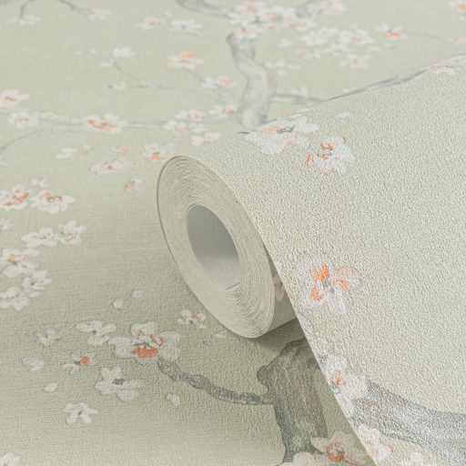 A Japandi stílus csúcsa! Varázslatos japán cseresznyevirágzás halvány szürkészöld fehér szürke és rózsaszín tónus fémes hatás tapéta