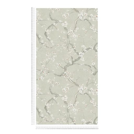 A Japandi stílus csúcsa! Varázslatos japán cseresznyevirágzás halvány szürkészöld fehér szürke és rózsaszín tónus fémes hatás tapéta