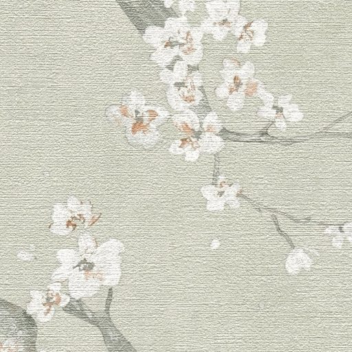 A Japandi stílus csúcsa! Varázslatos japán cseresznyevirágzás halvány szürkészöld fehér szürke és rózsaszín tónus fémes hatás tapéta