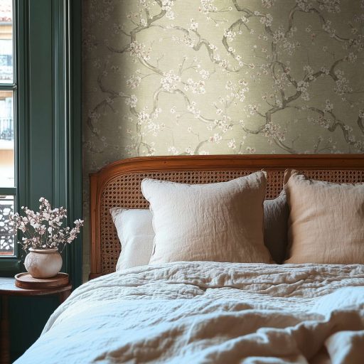 A Japandi stílus csúcsa! Varázslatos japán cseresznyevirágzás halvány szürkészöld fehér szürke és rózsaszín tónus fémes hatás tapéta