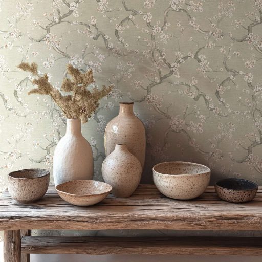 A Japandi stílus csúcsa! Varázslatos japán cseresznyevirágzás halvány szürkészöld fehér szürke és rózsaszín tónus fémes hatás tapéta