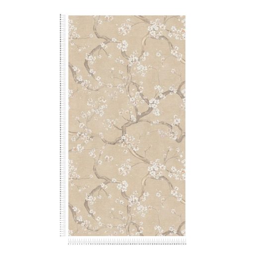 A Japandi stílus csúcsa! Varázslatos japán cseresznyevirágzás bézs krém barna fehér és finom arany tónus fémes hatás tapéta