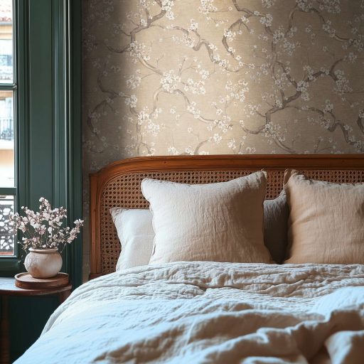 A Japandi stílus csúcsa! Varázslatos japán cseresznyevirágzás bézs krém barna fehér és finom arany tónus fémes hatás tapéta