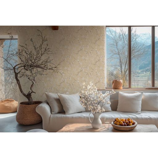 A Japandi stílus csúcsa! Varázslatos japán cseresznyevirágzás bézs krém barna fehér és finom arany tónus fémes hatás tapéta