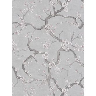   A Japandi stílus csúcsa! Varázslatos japán cseresznyevirágzás lágy szürkéskék halvány rózsaszín fehér és ezüst tónus fémes hatás tapéta